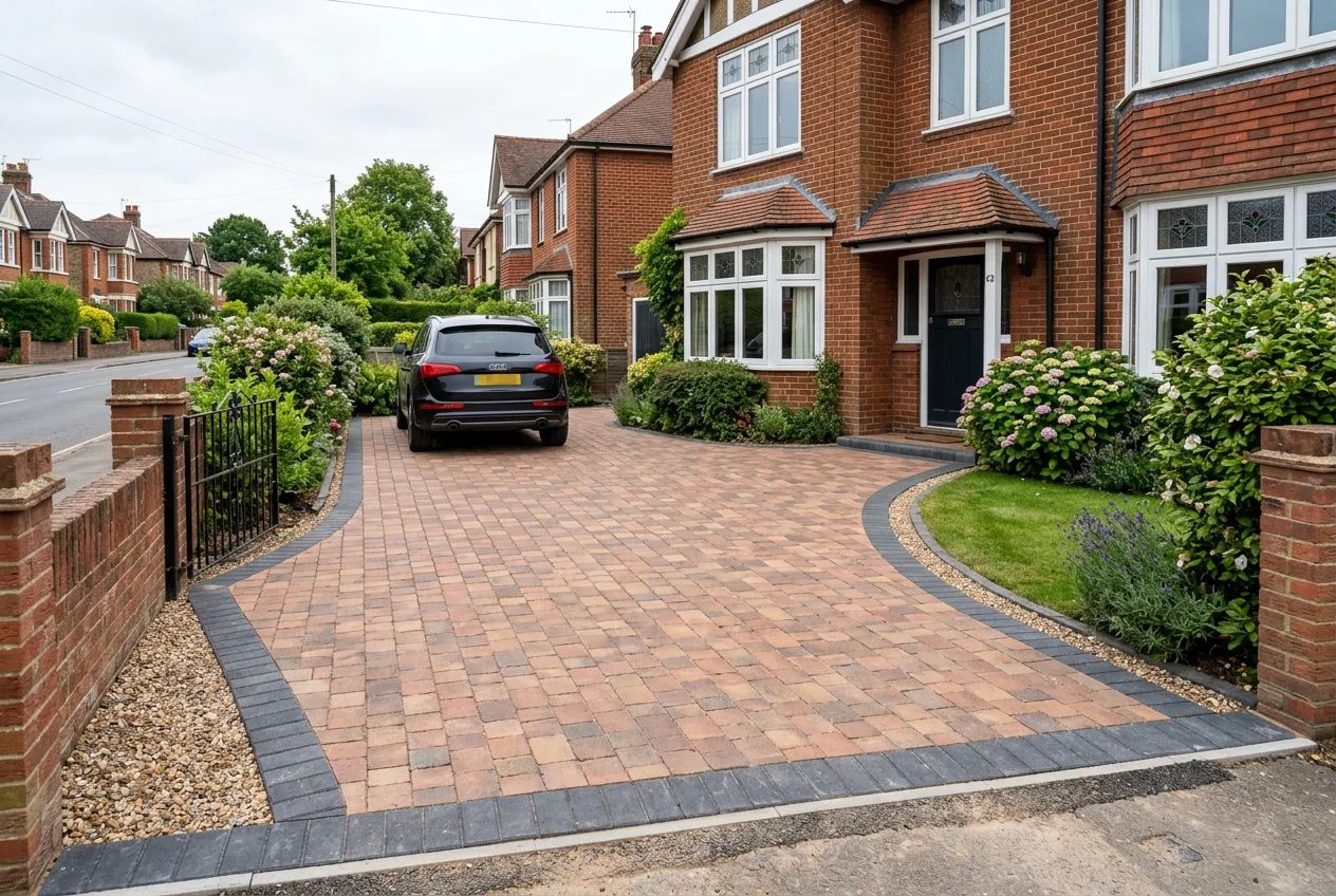 Brindle block paving driveway with charcoal border before an Edwardian brick house